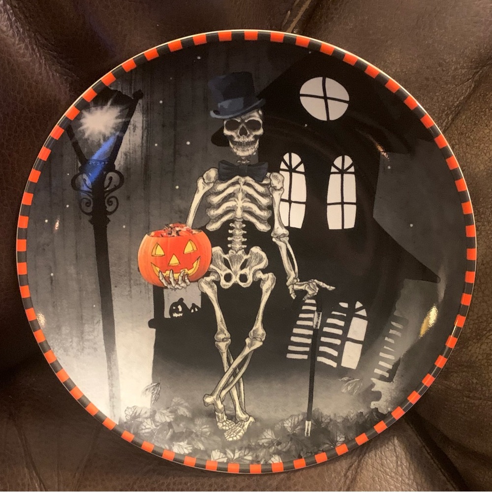 222 Fifth Dapper Skeleton Gentleman 8” Halloween Salad Plate